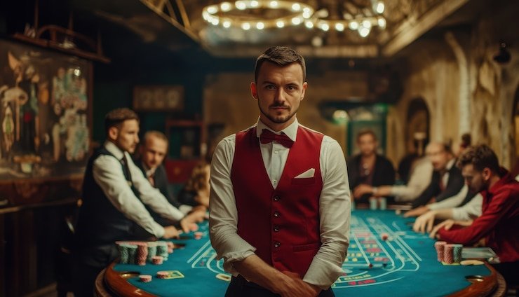Sekelompok teman bersama menikmati permainan live casino dengan latar warna neon