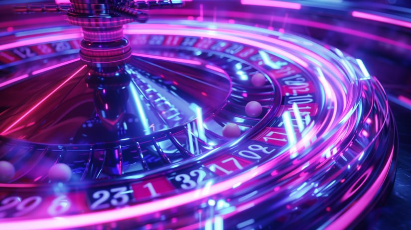 Dealer profesional di meja live casino dengan pencahayaan neon tema pink